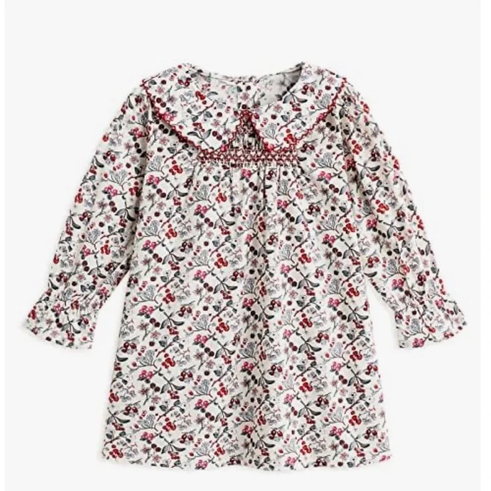 Girls Floral Berry Print Smocked Cotton Dress Peter Pan Collar Size 110 (5T)